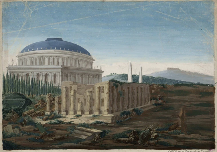 Vista de la recreación de un edificio de la Antigüedad y ruina clásica