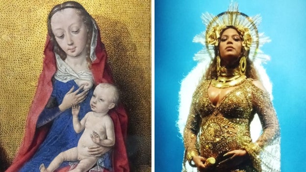 A la izquierda, 'Virgen con Niño sentada en un trono', de Dieric Bouts. A la derecha, Beyoncé, durante su actuación en la gala de los Grammy en 2017