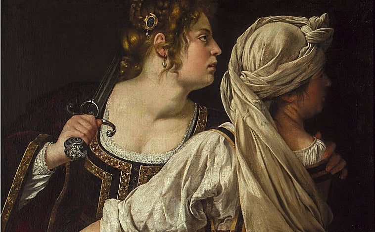 Imagen principal - Sobre estas líneas, uno de los bodegones de Clara Peteers y 'Lady Hamilton como una bacante' de Louise Elisabeth Vigée-Le Brun. Arriba, 'Judith y su criada', de Gentileschi