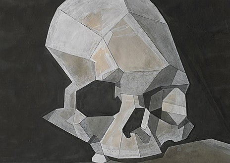 Imagen secundaria 1 - Arriba, 'El sueño del pescador' (1936). Sobre estas líneas, 'Cráneo' (1952) y 'Vaso de vino. Trozo de pan', del autor