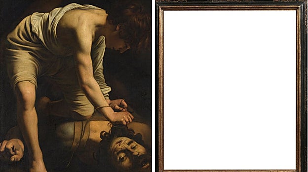 A la izquierda, 'David vencedor de Goliat', de Caravaggio. A la derecha, su marco