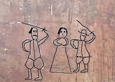 Imagen secundaria 1 - Un civil español, con la espada envainada, frente a un indígena en actitud agresiva, la insólita representación de dos españoles junto a una mujer y un hombre con vestimenta española 