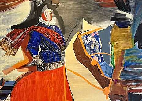 Imagen secundaria 1 - 'Arriba, detalle de 'El aspirante', de Adrià Miko. Abajo. Abajo a la izquierda, fragmento de 'Felipe III, El Piadoso', de Paloma Gaitán. Abajo a la derecha, obra de Mariángeles Blanco