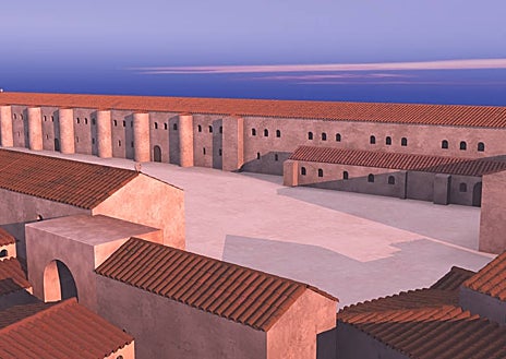 Imagen secundaria 1 - El edificio meridional, con la iglesia palatina al fondo (arriba) y el edificio septentrional (derecha), junto a una reconstrucción virtual del espacio