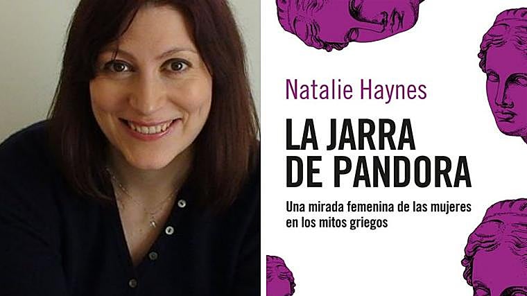 Natalie Haynes junto a la portada de su libro 'La jarra de pandora'