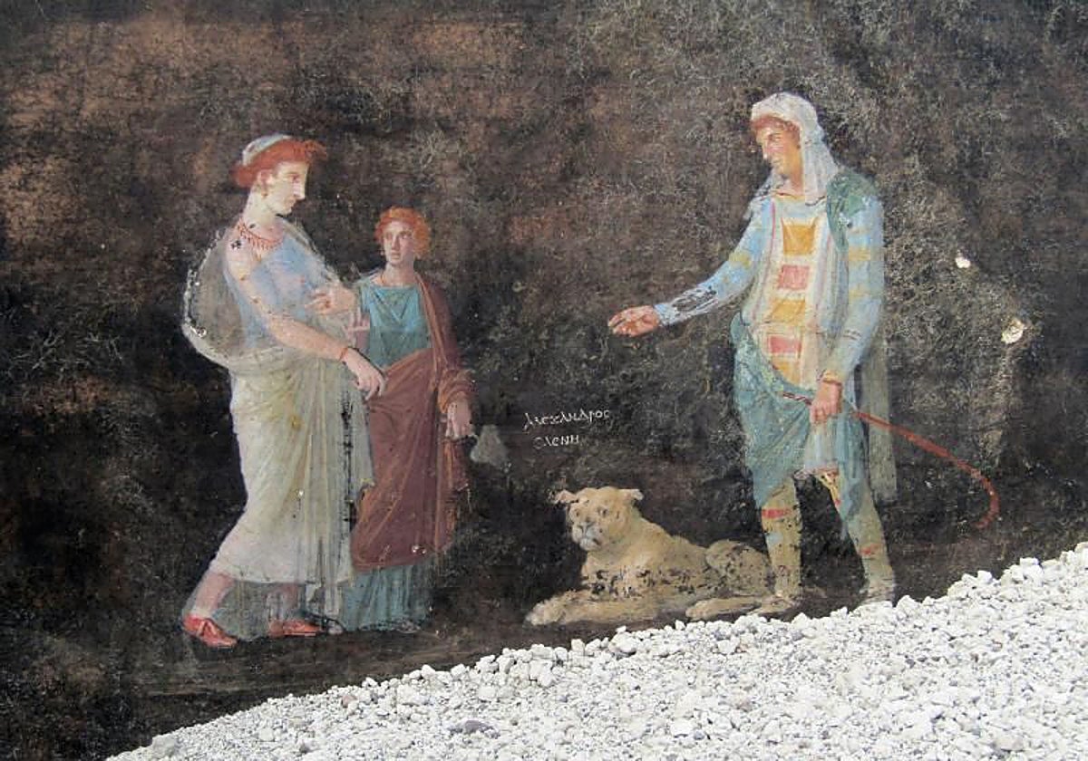Imagen del fresco que representan personajes mitológicos Helena y Paris