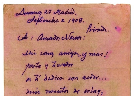 Imagen secundaria 1 - Fragmentos de las supuestas cartas íntimas de Darío a Amado Nervo y la versión en inglés de 'Sonatina' que Darío nunca escribió, que proviene realmente de la traducción realizada por Colin Holcombe. 