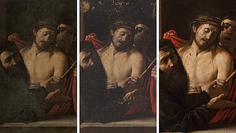 De izquierda a derecha, el 'Ecce Homo' de Caravaggio antes, durante y después de la restauración