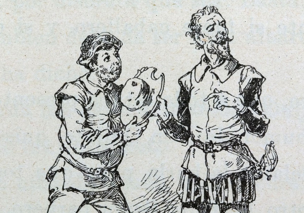 Don Quijote muestra el yelmo de Manbrino
