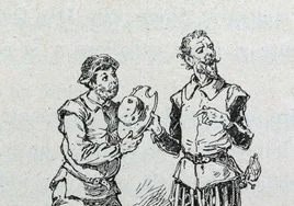 Don Quijote muestra el yelmo de Manbrino