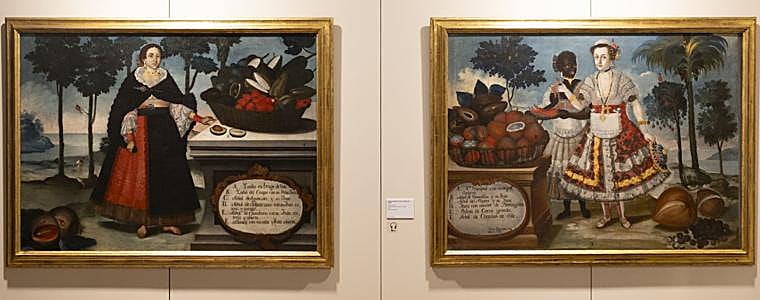 Urtasun anunció a finales de abril la 'descolonización' de 200 cartelas. En la foto, los cuadros 'Mujer indígena de Quito en traje de gala' (izq.) y 'Representación de dos mujeres de Quito' (dcha.). Antes eran 'India de Quito en traje de gala' y 'Retrato de una señora principal con su negra esclava'