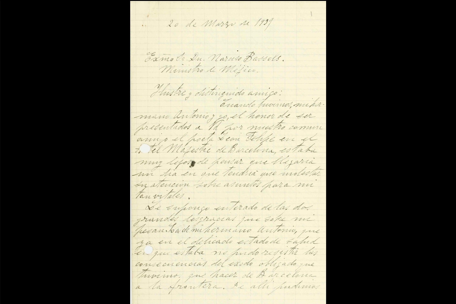 Detalle del manuscrito de la carta de José Machado, enviada a Narciso Bassols, ministro de México
