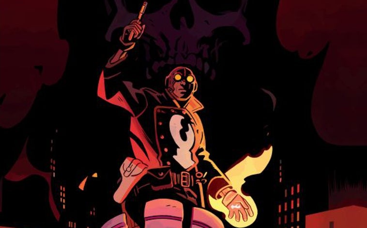 Imagen principal - Arriba: Bogavante Johnson Integral Vol. I (2024), de Mike Mignola, John Arcudi, Tonci Zonjic. Abajo izquierda: Hellboy y el BPRD: El viejo Whittier (2022), de Mike Mignola y Gabriel Hernández Walta. Abajo derecha: Hellboy en la Catedral de Granada (2024), dibujo de Gabriel Hernández Walta para la exposición homenaje 30 años de Hellboy en la Copro Gallery de Santa Mónica (California)