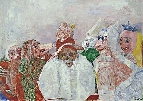 Imagen secundaria 1 - Arriba, James Ensor pintando en su estudio. Sobre estas líneas, a la izquierda, 'Las máscaras se enfrentan a la muerte', de Ensor, 1888, MoMA, Nueva York. A la derecha, 'Autorretrato con sombrero de flores', Mu.ZEE, Ostende 