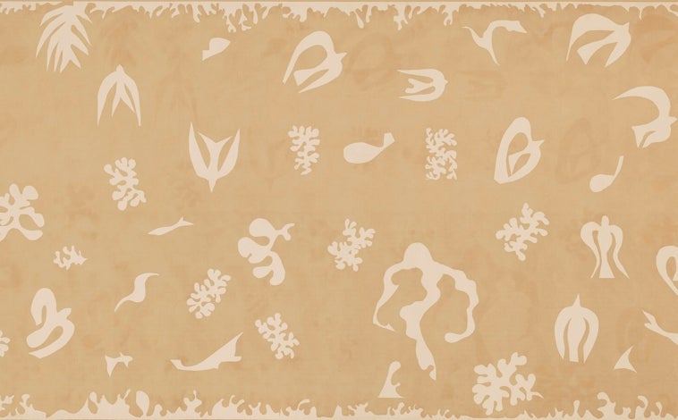 Imagen principal - Arriba, 'Oceanía, el cielo' (1946-1947), de Matisse. Museo Matisse, Niza. Sobre estas líneas, a la izquierda, 'Las calabazas' (1915-1916), de Matisse. MoMA, Nueva York. A la derecha, 'Naturaleza muerta. Interior rojo de Venecia' (1946). Museos Reales de Bellas Artes de Bélgica, Bruselas