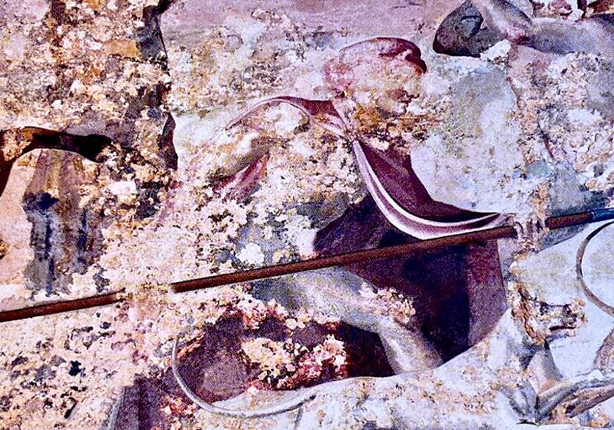 Detalle de la Tumba II que representa a Alejando Magno con la túnica cazando a un león