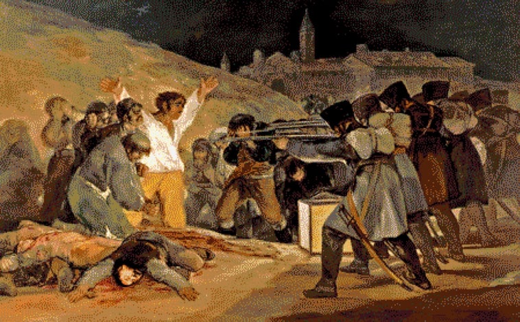 Imagen principal - Arriba, 'El tres de mayo', 2023. Sobre estas líneas, a la izquierda, 'El rapto de las hijas de Leucipo', 2023 (detalle). A la derecha, 'Napoleón sobre cebra', 2023