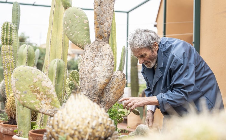 Imagen principal - El artista revisa las plantas de su jardín. En las otras imágenes, detalles de sus obra y sus materiales