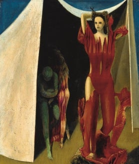 Imagen secundaria 2 - Arriba, Max Ernst. ‘La tentación de San Antonio’ (1945). Sobre estas líneas, a la izquierda, Max Ernst, en un fotograma de 'La Edad de Oro' (1930), de Luis Buñuel y Salvador Dalí. A la derecha, 'Las hijas de Lot' (1943)