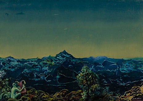 Imagen secundaria 1 - De arriba abajo, aparición de Ernst como actor en 'La edad de Oro' de Buñuel; 'En las antípodas del paisaje', de 1936; y cartel de 'Un perro andaluz'