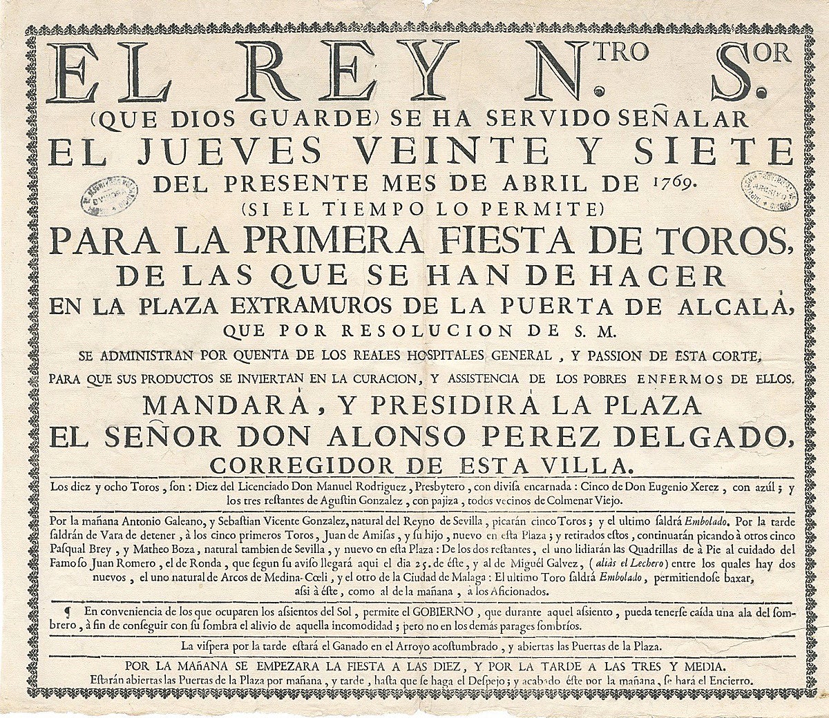 Cartel localizado por la Comunidad de Madrid, con fecha de 1769