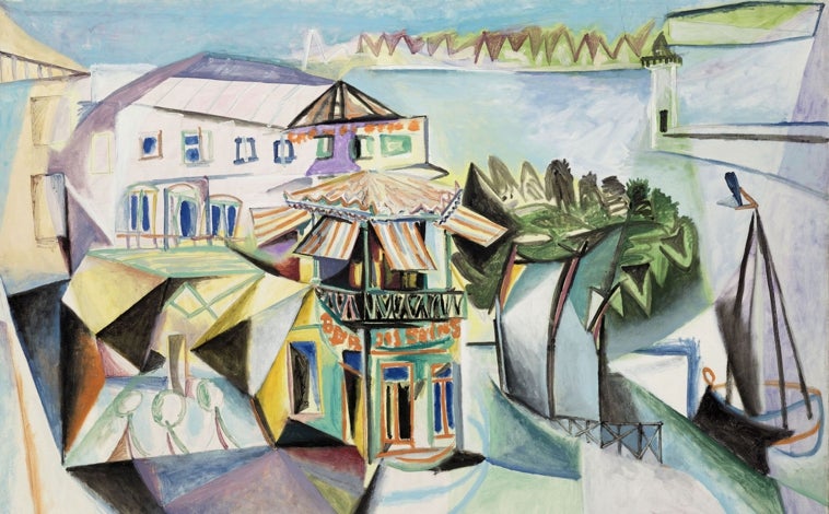 Imagen principal - Arriba, 'Café en Royan', de Picasso. Royan, 15 de agosto de 1940. Museo Picasso de París. Sobre estas líneas, a la izquierda, 'Cuaderno 202', de Picasso. Royan, 3-9 de noviembre de 1939. Museo Picasso Málaga. A la derecha, 'Busto de hombre con jersey de punto a rayas', de Picasso. Royan, 17 septiembre 1939. Fundación Almine y Bernard Ruiz-Picasso (FABA)