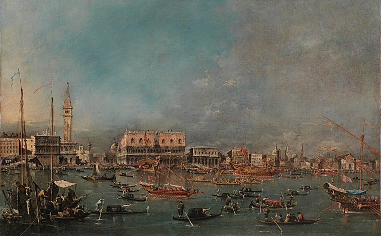 Imagen principal - Arriba, 'La partida del Bucintoro', de Francesco Guardi. Sobre estas líneas, a la izquierda, 'El puente de Rialto según el proyecto de Palladio', de Francesco Guardi. A la derecha, 'Capricho arquitectónico', de Francesco Guardi