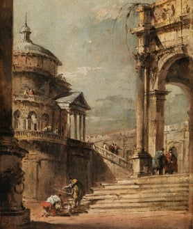 次要图像2-上方,弗朗切斯科·瓜迪(Francesco Guardi)撰写的“伯尔沃罗(Burvoro)的离开”。在这些线上,在左边,弗朗切斯科·瓜迪(Francesco Guardi)的“根据帕拉迪奥(Palladio)的项目,rialto桥”。在右边,弗朗切斯科·瓜迪(Francesco Guardi)的“建筑Capricho”