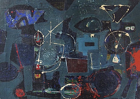 Imagen secundaria 1 - De arriba, abajo, montaje de la muestra de Canogar en CentoCentro; 'Sin título' (1955); y 'Fisura' (2024)