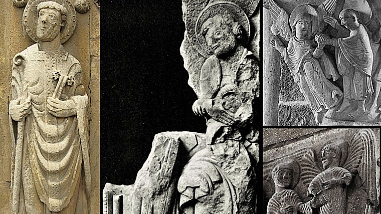 San Pedro de la Portada del Perdón (izda), relieve de la Liberación de San Pedro de la portada norte y otras representaciones de la escena de Vèzelay (arriba) y Conques (abajo)