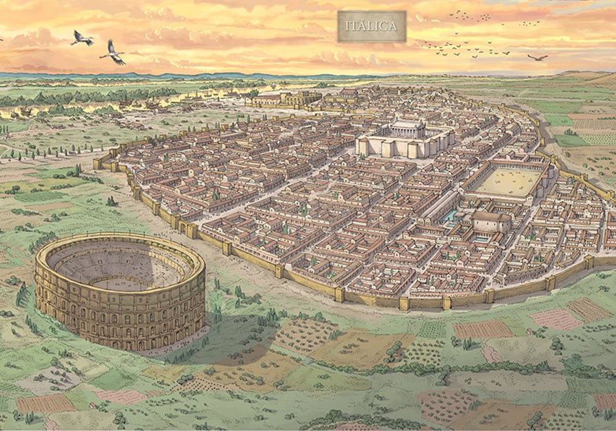 La publicación cuenta con recreaciones ilustradas de distintos planos y enclaves de Itálica, firmadas por Arturo Redondo