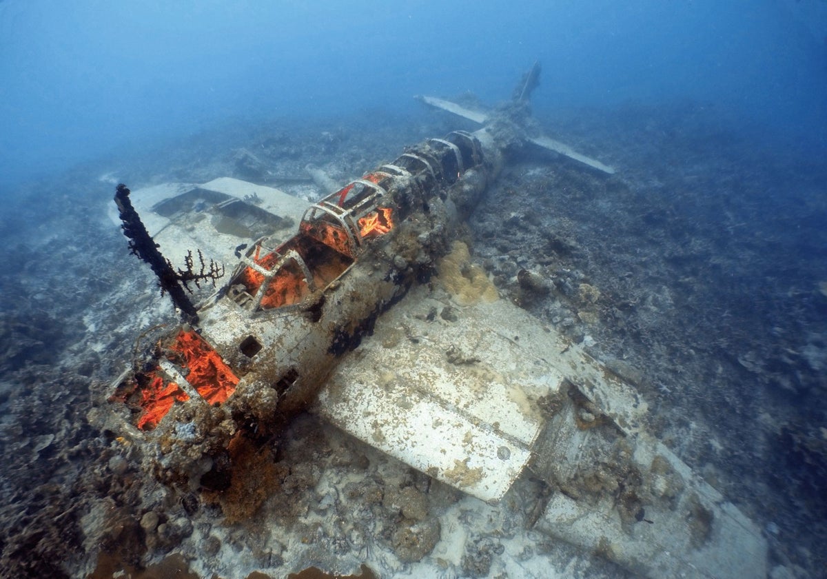 Un avión japonés de la II Guerra Mundial en las aguas del atolón de Chuuk, en Micronesia