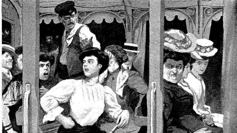 Ilustración de señoras con abanico en un tranvía