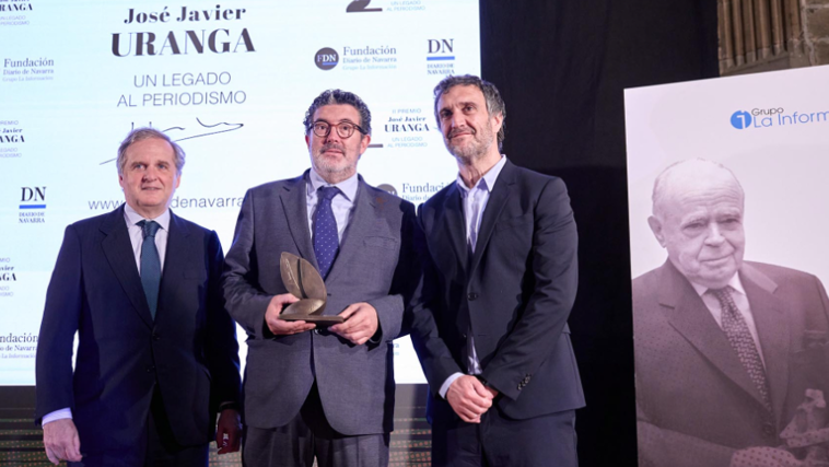 El presidente de Vocento, Ignacio Ybarra, el director de ABC, Julián Quirós, y el director general editorial de Vocento, Fernando Belzunce, en un momento del acto celebrado este miércoles.