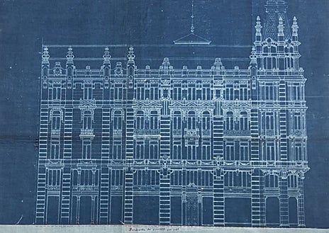Imagen secundaria 1 - De arriba abajo, ascensores de metro en Madrid de la Red de San Luis; sección de la fachada de la Casa Palazuelo (1908); y foto del edificio Matesanz