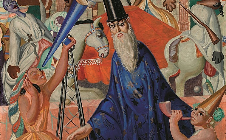 Imagen principal - Arriba, 'El mago / Pim Pam Pum', 1926. The Art Institute, Chicago. Sobre estas líneas, a la izquierda, 'La verbena', 1927. Colección Museo Nacional Centro de Arte Reina Sofía, Madrid. A la derecha, 'Máscaras', c. 1942. Asociación Colección Arte Contemporáneo. Museo Patio Herreriano, Valladolid. Zara España