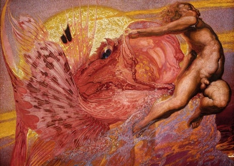 Imagen secundaria 1 - Arriba, dos de los sátiros pintados por Néstor, en una sala del Reina Sofía. Sobre estas líneas, a la izquierda, 'Poema atlántico. La tarde'; a la derecha, 'La hermana de las rosas'