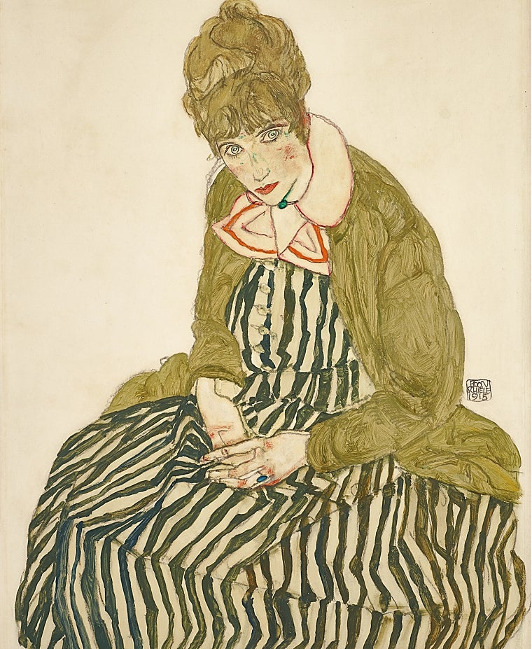Egon Schiele. 'Edith Schiele, con un vestido de rayas, sentada', 1915