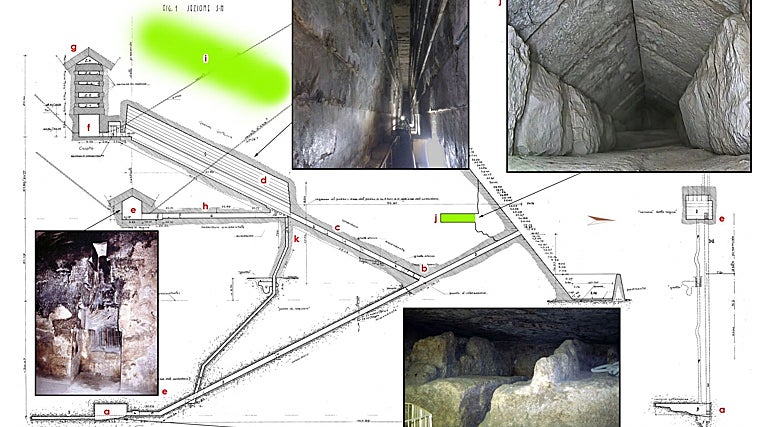 Sección de la Gran Pirámide (modificada de V. Maragioglio y C.A. Rinaldi, 'La Grande Piramide di Cheope', 1965.