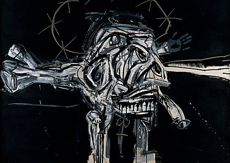 Imagen secundaria 1 - Arriba, 'Cuadro 97', de Millares. Sobre estas líneas, a la izquierda, 'Crucifixión', de Saura. A la derecha, 'Pintura nº 21', de Canogar. Las tres obras se incluyen en la exposición 'El Paso. Vanguardia y compromiso' en la Fundación Chirino de Las Palmas