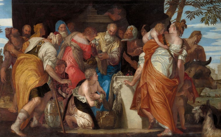 Imagen principal - Tres obras de Veronés. Arriba, 'La unción de David'. Sobre estas líneas, a la izquierda, 'La conversión de María Magdalena'. A la derecha, 'Marte y Venus unidos por el amor'