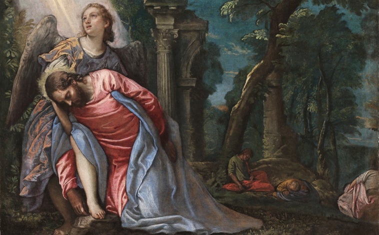 Imagen principal - Tres obras de Veronés. Arriba, 'Cristo en el huerto de los Olivos'. Sobre estas líneas, a la izquierda, 'La Virgen con el Niño, San Pedro y una santa mártir', del Museo Cívico de Vicenza. A la derecha, 'El milagro de san Pantaleón'