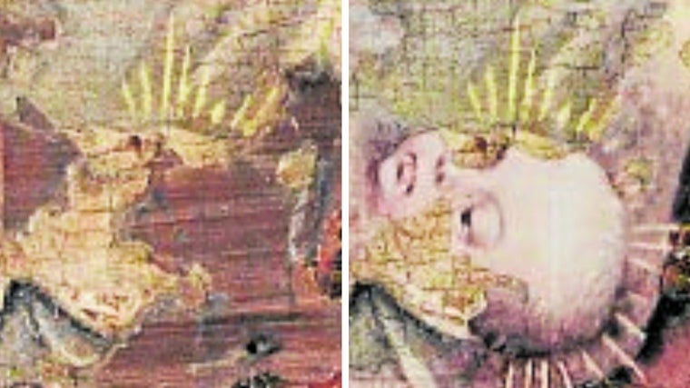 El rostro del Niño Jesús casi había desaparecido en la tabla original (izquierda). A la derecha, la cara copiada de otra obra del artista