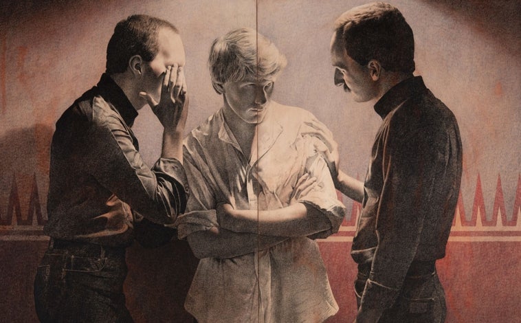 Imagen principal - De arriba abajo, 'De qué país eres tú dormido entre realidades como bocas sedientas (díptico)', obra de 1982; 'David & Jonathan II' (1981); y detalle de 'Parade XIII - Boot Rack' (1980)
