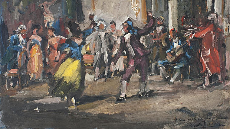 Cultura ha localizado en sus fondos dos cuadros incautados: un 'Retrato de Doña María Cristina de Borbón' de Valentín Carderera y una 'Fiesta goyesca' (en la foto) de Roberto Domingo Fallola