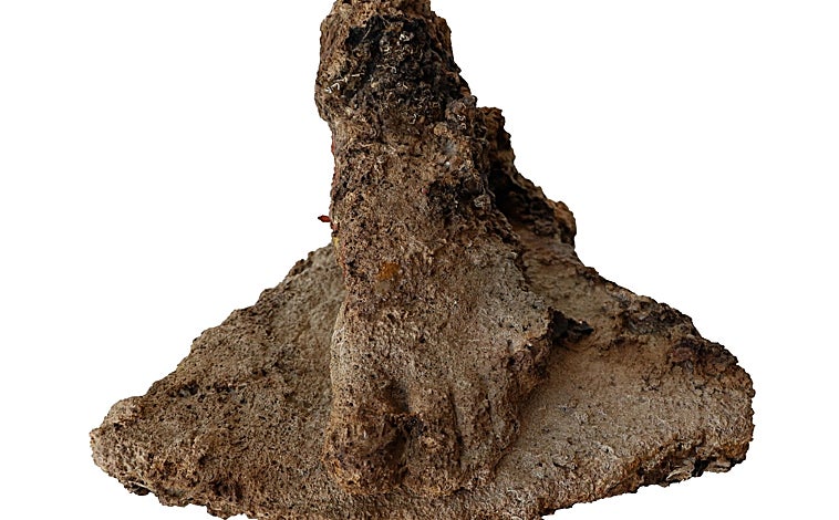 Imagen principal - Fragmento escultórico de un pie, mortero de bronce y resto de madera del casco