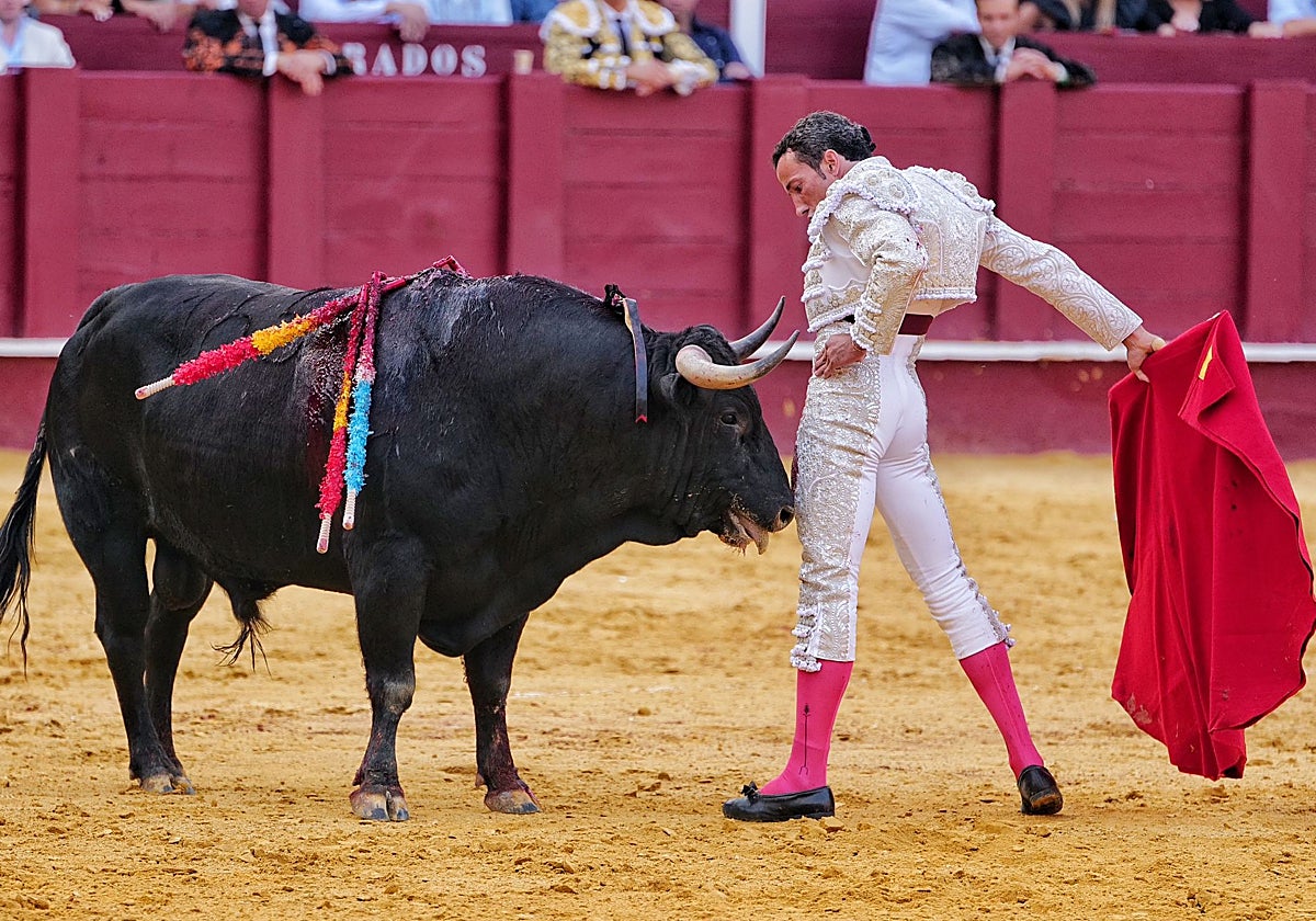 El tercer toro, Enamorado de nombre, 'besa' el muslo derecho de David de Miranda, en un tremendo arrimón