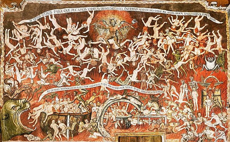 Imagen principal - En la primera imagen, uno de los murales de San Juan Bautista, en Huaro, que muestra el infierno; en la segunda imagen, una celebración en el interior de la capilla de la Virgen Purificada de Canincunca, la más pequeña. En la última, la facha del Templo de la Compañía de Jesús en Cuzco