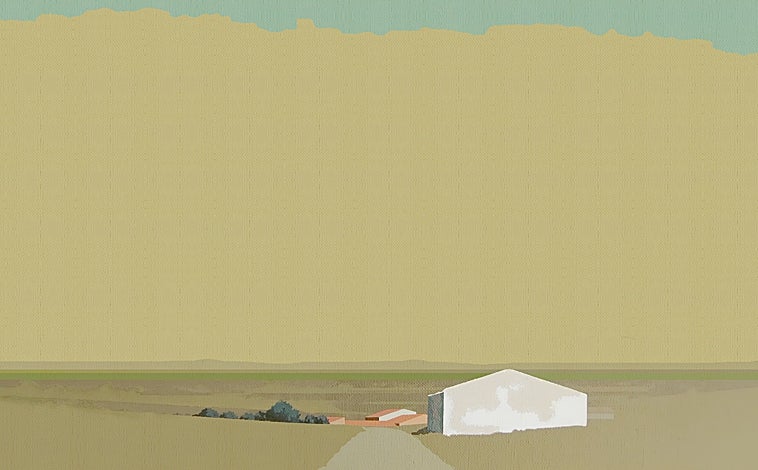 Imagen principal - De arriba abajo, los lienzos 'Llegando al valle'; 'Pared naranja' y 'Verano', de la última muestra de Chema Peralta en Madrid