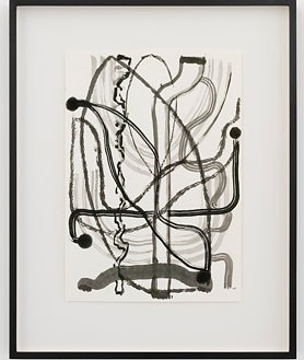 Imagen secundaria 2 - En las imágenes, de arriba abajo, detalle del montaje de la muestra en Carlier Gebauer; obra sin títul ode Gordillo de 1966 y dibujo de Meretu de la misma muestra